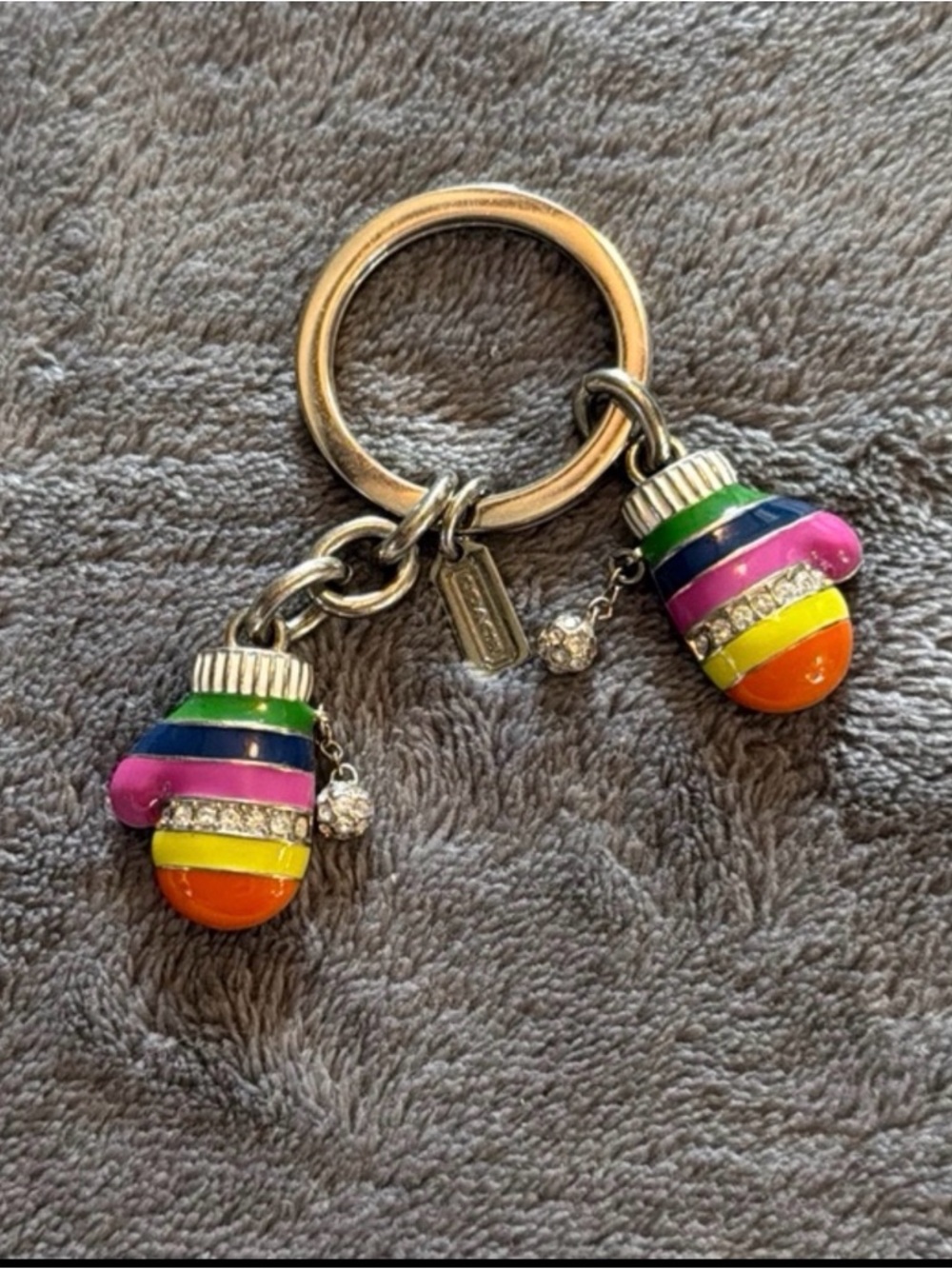 Coach Rainbow Stripe Enamel Mitten Keychain - Pink, Green, Blue, Yellow, Orange